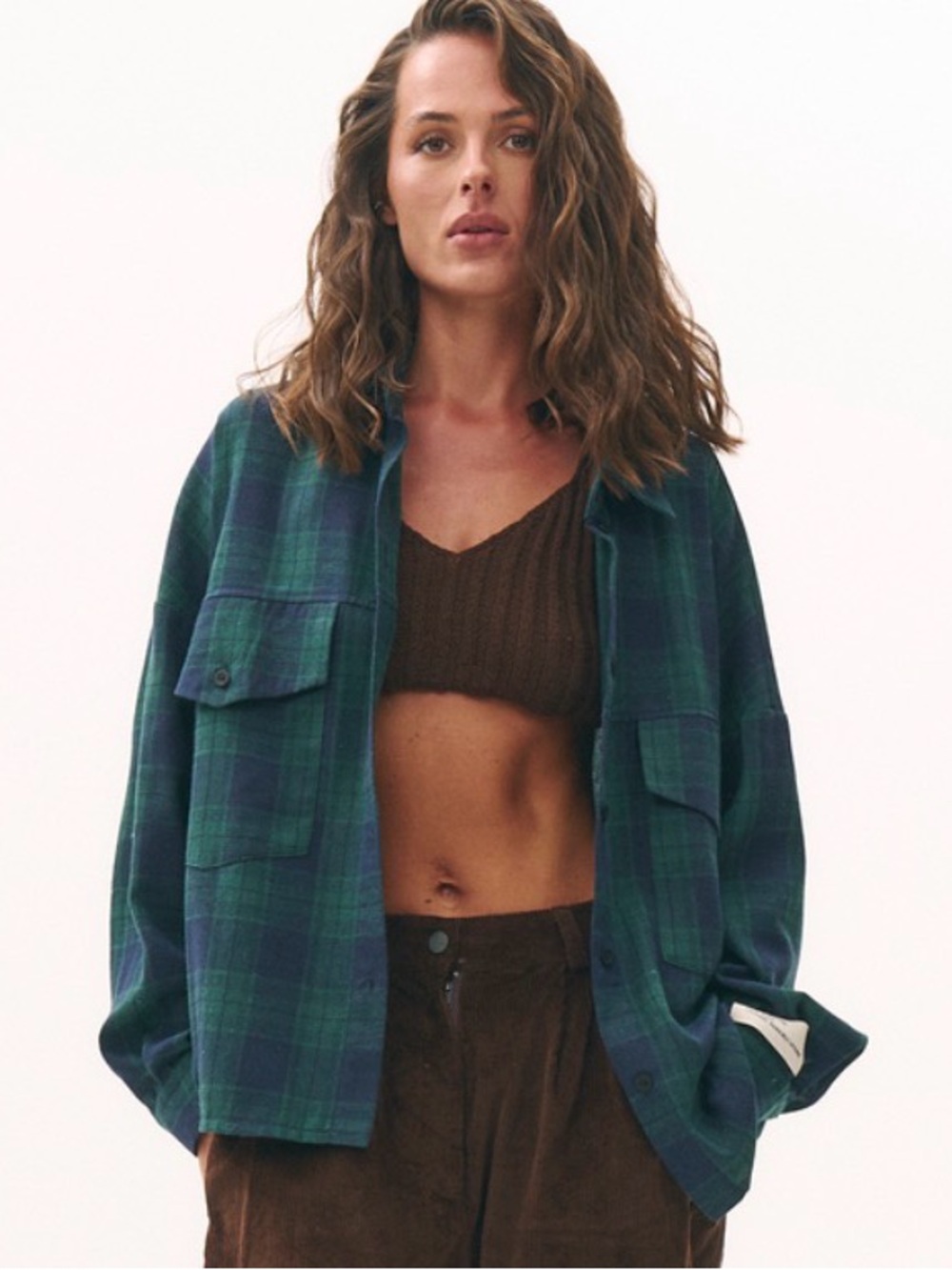 Womens Green & Navy Plaid Button-Down Shirt